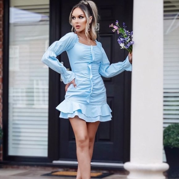 Blue Long Sleeve Ruffle Hem Bodycon Mini Dress - Picture 2 of 5